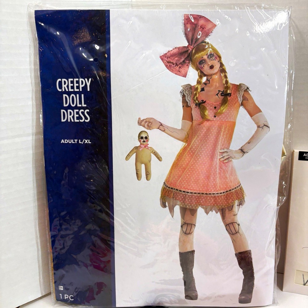 Creepy Doll Adult L/XL Pink Dress Costume Set Braided Wig Tights Bow Doll Bottle